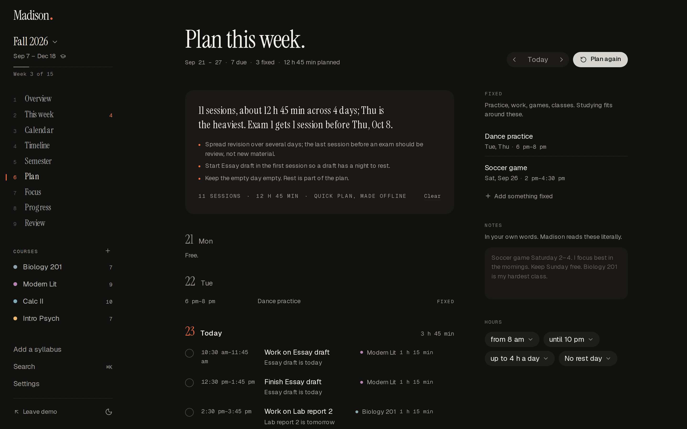 The week planned: eleven sessions across four days, and the reasoning